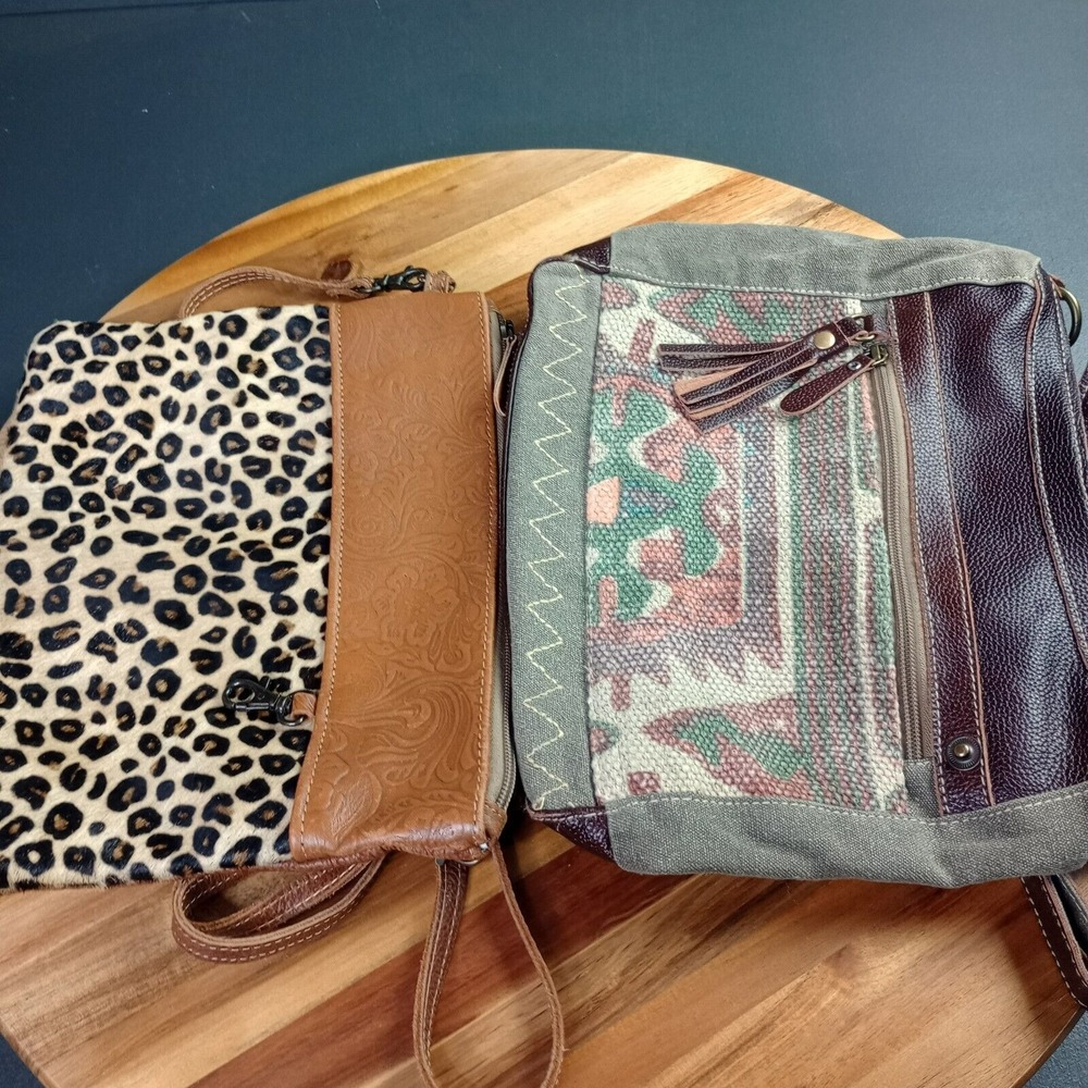 MYRA BAG Set of 2 Leather Canvas Boho‎ Chic Hobo Purse Crossbody Bag Animal